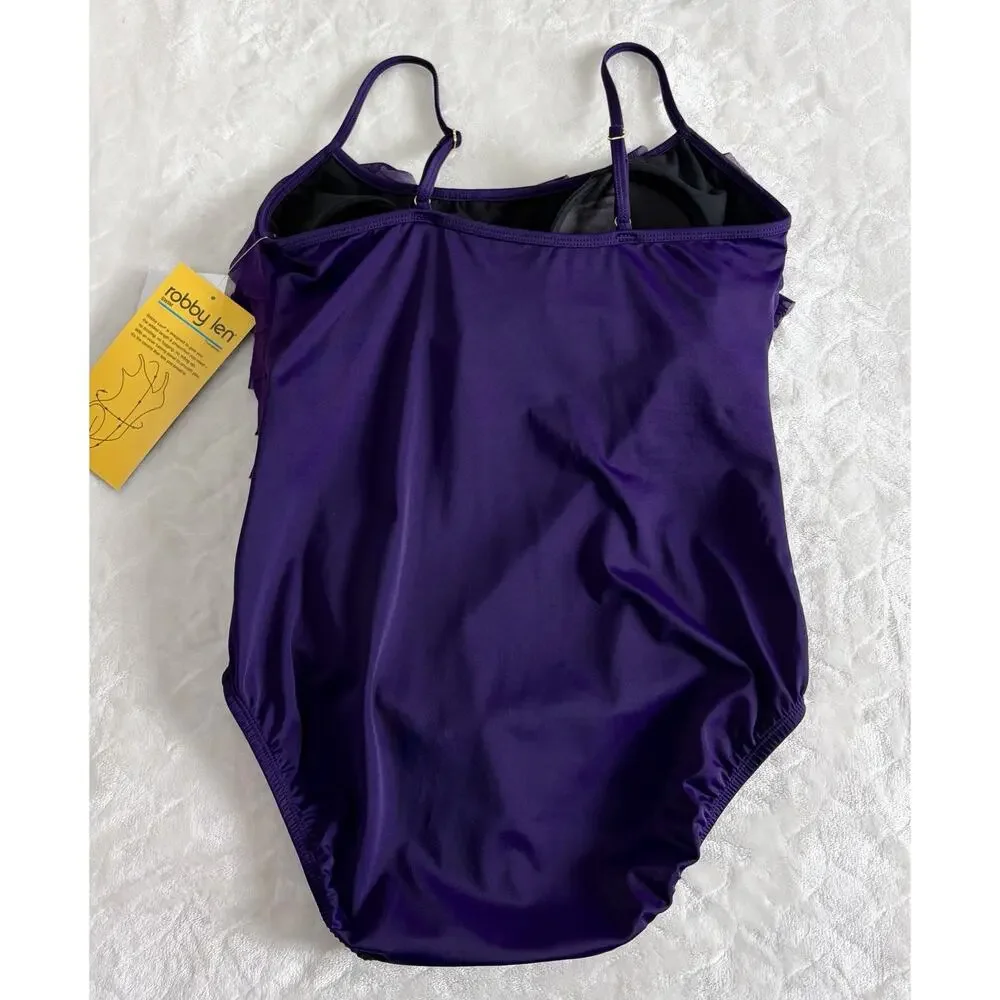 NWT Longitude Robby Len Size 14 Purple Ruffle One Piece Swimsuit Tummy Control